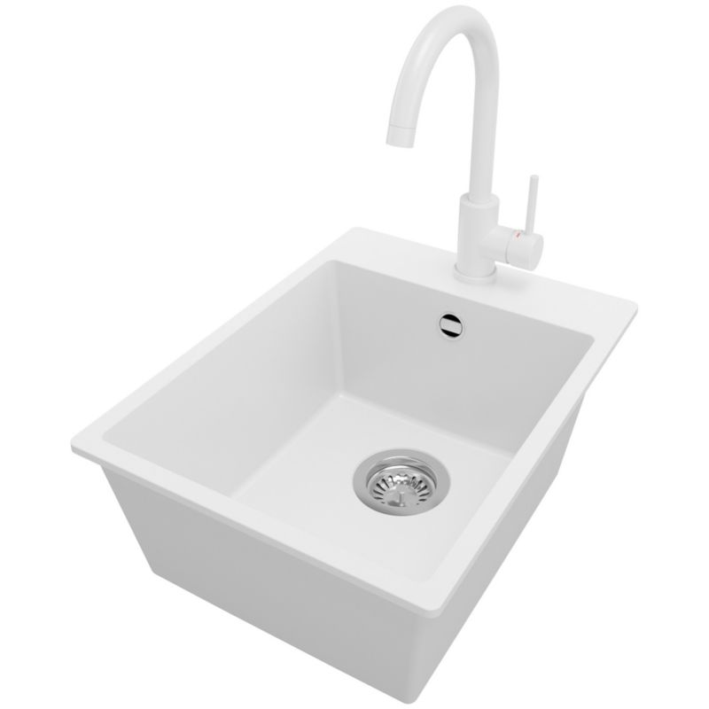 Zlewozmywak Granitowy Ryga PRIMAGRAN Nablatowy 38x50cm do szafki od 40cm z Syfonem i Baterią Biały 1 szt.