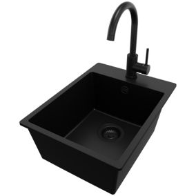 Zlewozmywak Granitowy Ryga PRIMAGRAN Nablatowy 38x50cm do szafki od 40cm z Syfonem i Baterią Cały Czarny 1 szt.