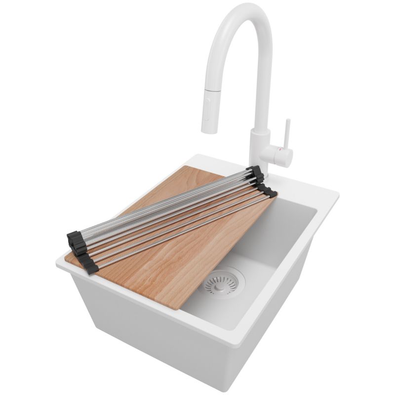 Zlewozmywak Granitowy Ryga PRIMAGRAN Nablatowy 38x50cm do szafki od 40cm z Syfonem i Baterią i Dodatkiem Cały Biały 1 szt.
