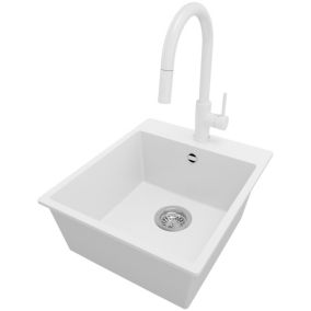 Zlewozmywak Granitowy Ryga PRIMAGRAN Nablatowy 43x50cm do szafki od 45cm z Syfonem i Baterią Biały 1 szt.