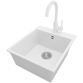 Zlewozmywak Granitowy Ryga PRIMAGRAN Nablatowy 43x50cm do szafki od 45cm z Syfonem i Baterią Biały 1 szt.