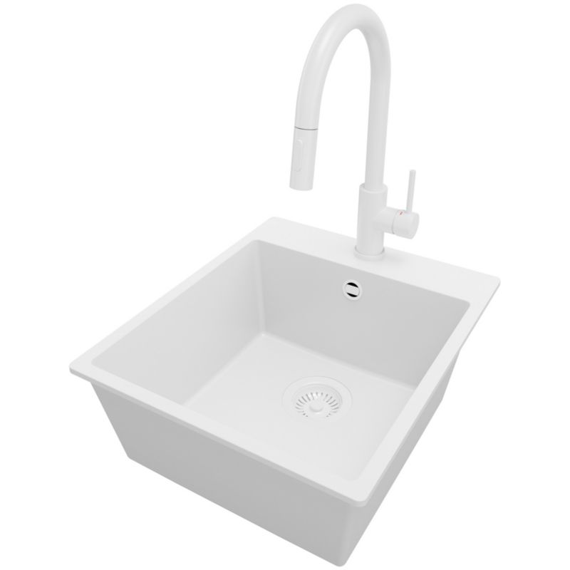 Zlewozmywak Granitowy Ryga PRIMAGRAN Nablatowy 43x50cm do szafki od 45cm z Syfonem i Baterią Cały Biały 1 szt.
