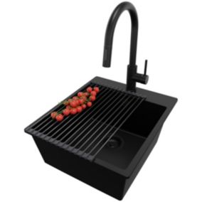 Zlewozmywak Granitowy Ryga PRIMAGRAN Nablatowy 43x50cm do szafki od 45cm z Syfonem i Baterią i Dodatkiem Cały Czarny 1 szt.