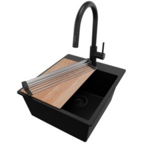Zlewozmywak Granitowy Ryga PRIMAGRAN Nablatowy 43x50cm do szafki od 45cm z Syfonem i Baterią i Dodatkiem Cały Czarny 1 szt.