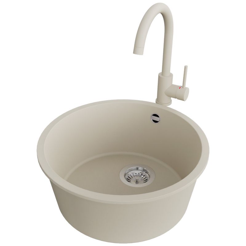 Zlewozmywak Granitowy Valetta Slim PRIMAGRAN Nablatowy 46x46cm do Szafki od 50cm, Beżowy + Bateria 32x20cm + Syfon, S017, 1 szt.