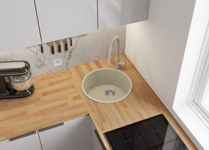 Zlewozmywak Granitowy Valetta Slim PRIMAGRAN Nablatowy 46x46cm do Szafki od 50cm, Beżowy + Bateria 32x20cm + Syfon, S017, 1 szt.