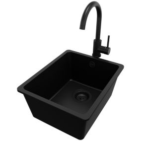 Zlewozmywak Granitowy Wenecja Slim Easy PRIMAGRAN Nablatowy 36x44cm do szafki od 40cm z Syfonem i Baterią Cały Czarny 1 szt.