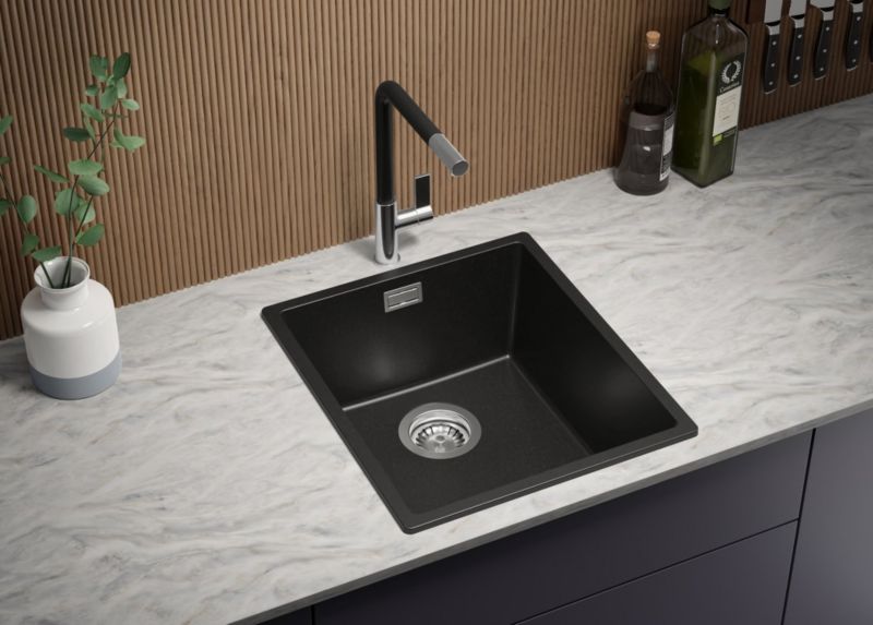 Zlewozmywak Londyn Slim PRIMAGRAN Nablatowy 41x47cm do szafki od 45cm z Syfonem Czarny 1 szt.