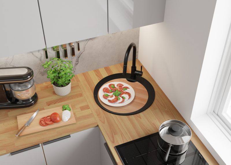 Zlewozmywak Okrągły Piza PRIMAGRAN Nablatowy 50x50cm do szafki od 45cm z Syfonem i Dodatkiem Czarny Metalik 1 szt.
