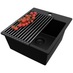 Zlewozmywak Ryga Easy PRIMAGRAN Nablatowy 38x44cm do szafki od 40cm z Syfonem i Dodatkiem Cały Czarny 1 szt.