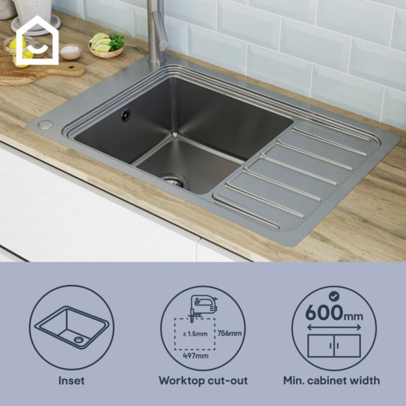 Zlewozmywak stalowy GoodHome Romesco 1-komorowy z ociekaczem i akcesoriami