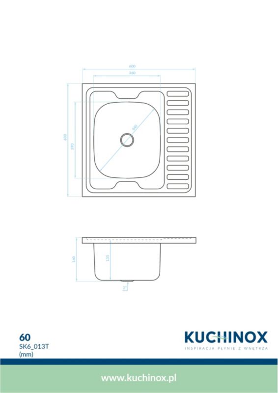 Zlewozmywak stalowy nakładany 1 komorowy 60x60
