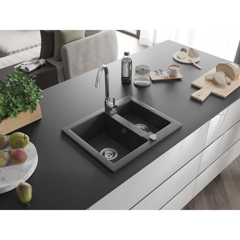 Zlewozmywak wpuszczany Mexen Carlos 1,5-komorowy czarny/srebrny metalik 582 x 475 mm  - 6518581500-73 1 szt.