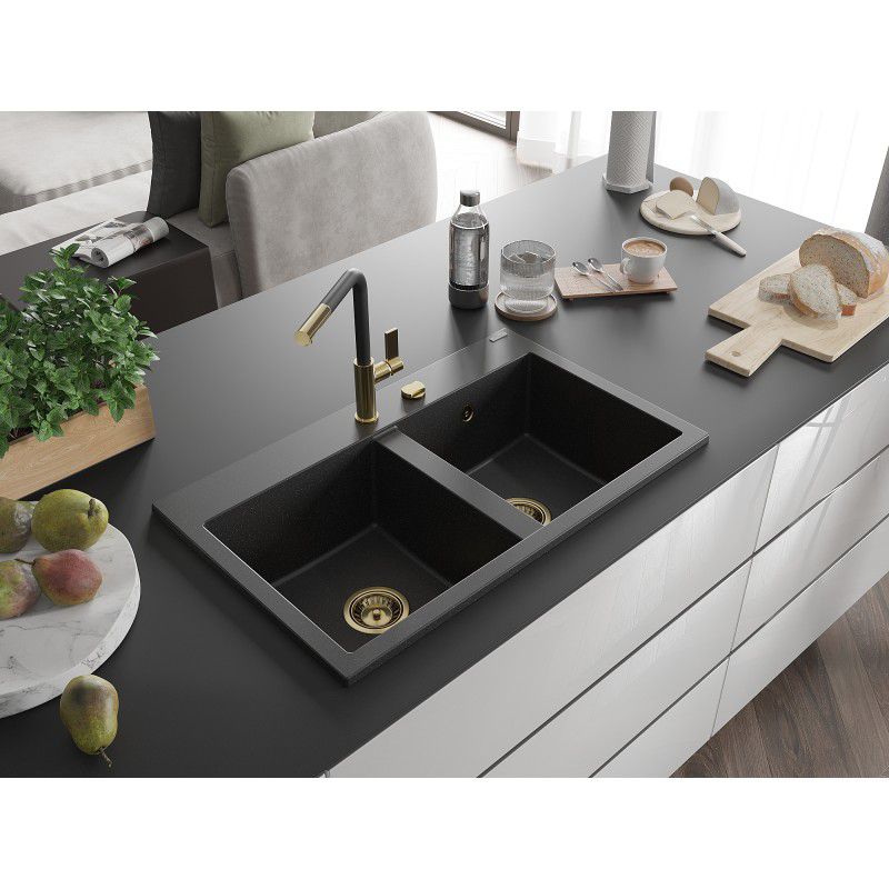 Zlewozmywak wpuszczany Mexen Hektor 2-komorowy czarny/srebrny metalik 800x490 mm  - 6521802000-73 1 szt.