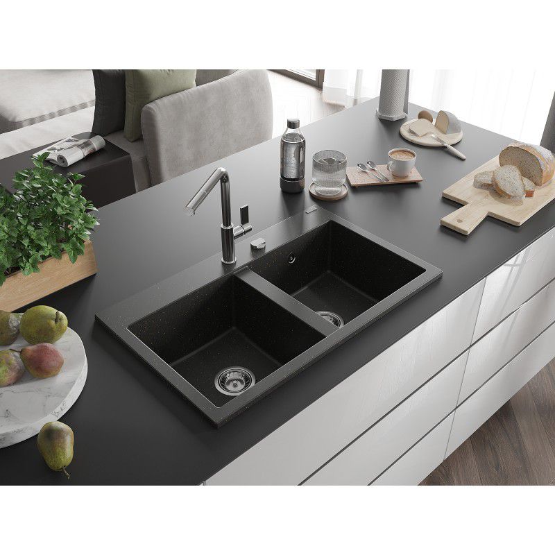 Zlewozmywak wpuszczany Mexen Hektor 2-komorowy czarny/złoty metalik 800x480 mm 1 szt.