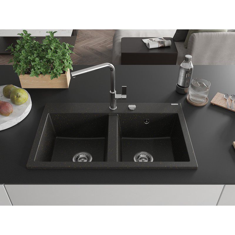 Zlewozmywak wpuszczany Mexen Hektor 2-komorowy czarny/złoty metalik 800x480 mm 1 szt.
