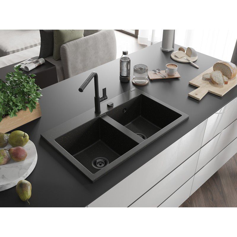 Zlewozmywak wpuszczany Mexen Hektor 2-komorowy czarny/złoty metalik 800x480 mm  - 6521802000-75 1 szt.