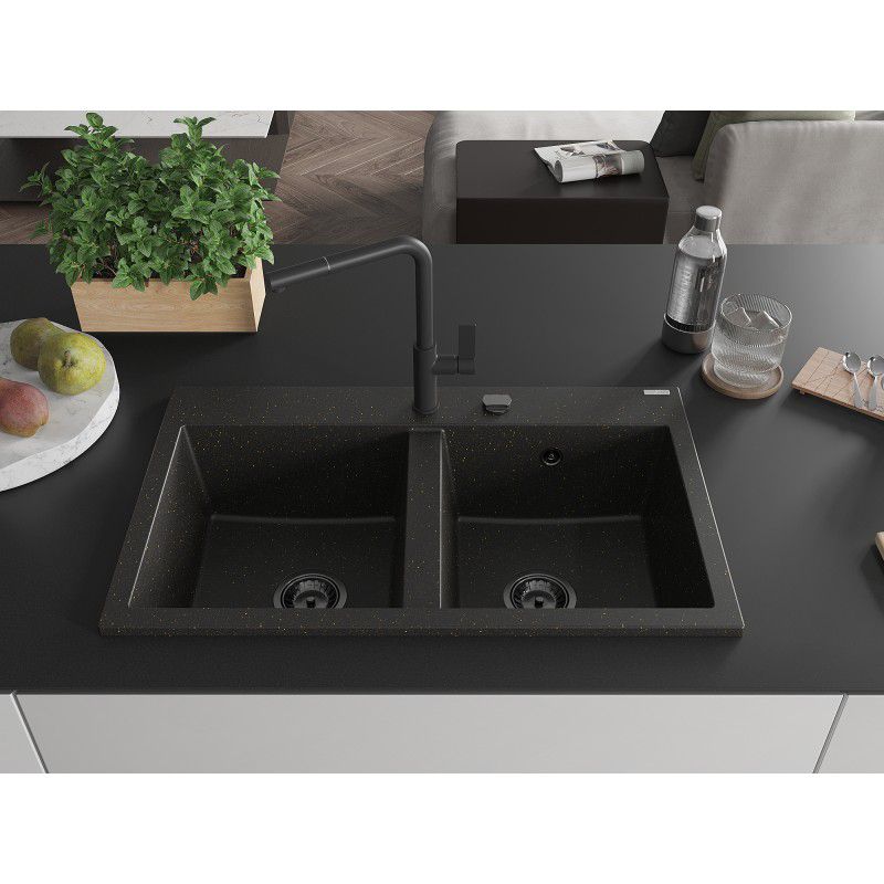 Zlewozmywak wpuszczany Mexen Hektor 2-komorowy czarny/złoty metalik 800x480 mm  - 6521802000-75 1 szt.