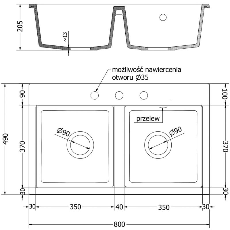 Zlewozmywak wpuszczany Mexen Hektor 2-komorowy czarny/złoty metalik 800x480 mm  - 6521802000-75 1 szt.