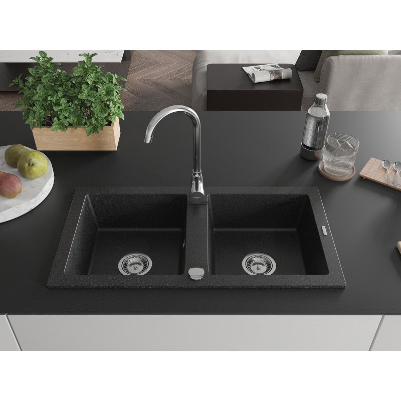 Zlewozmywak wpuszczany Mexen Mario 2-komorowy czarny/złoty metalik 820 x 436 mm  - 6504822000-75-B 1 szt.