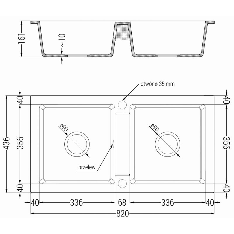 Zlewozmywak wpuszczany Mexen Mario 2-komorowy czarny/złoty metalik 820 x 436 mm  - 6504822000-75-B 1 szt.