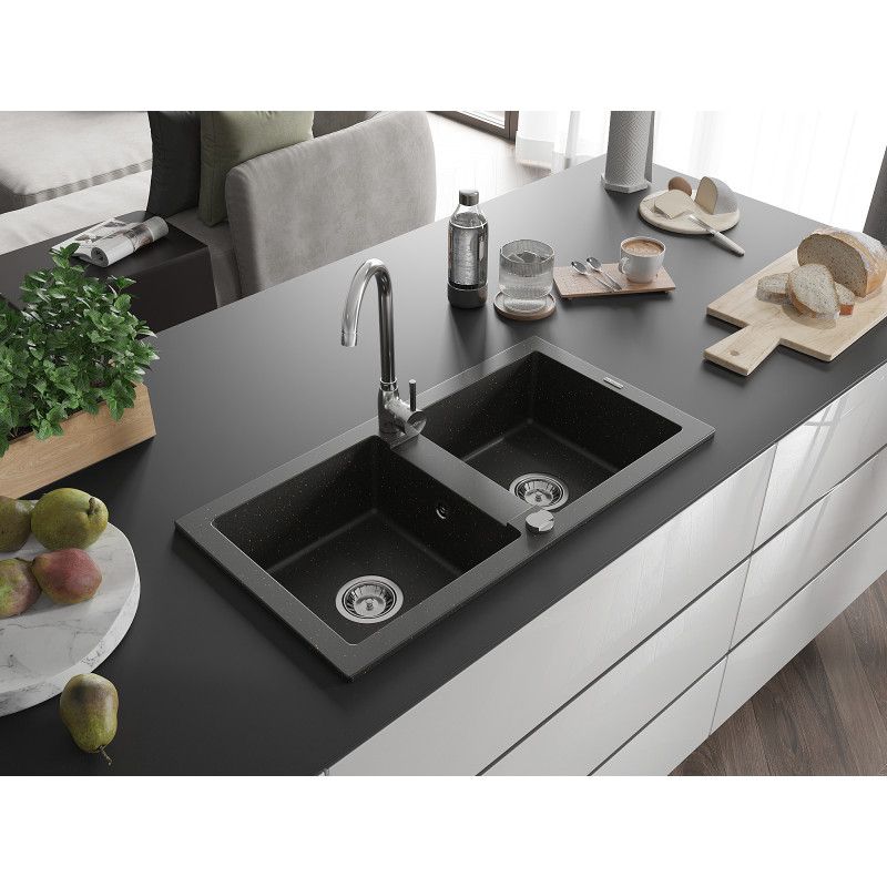 Zlewozmywak wpuszczany Mexen Mario 2-komorowy czarny/złoty metalik 820x436 mm 1 szt.