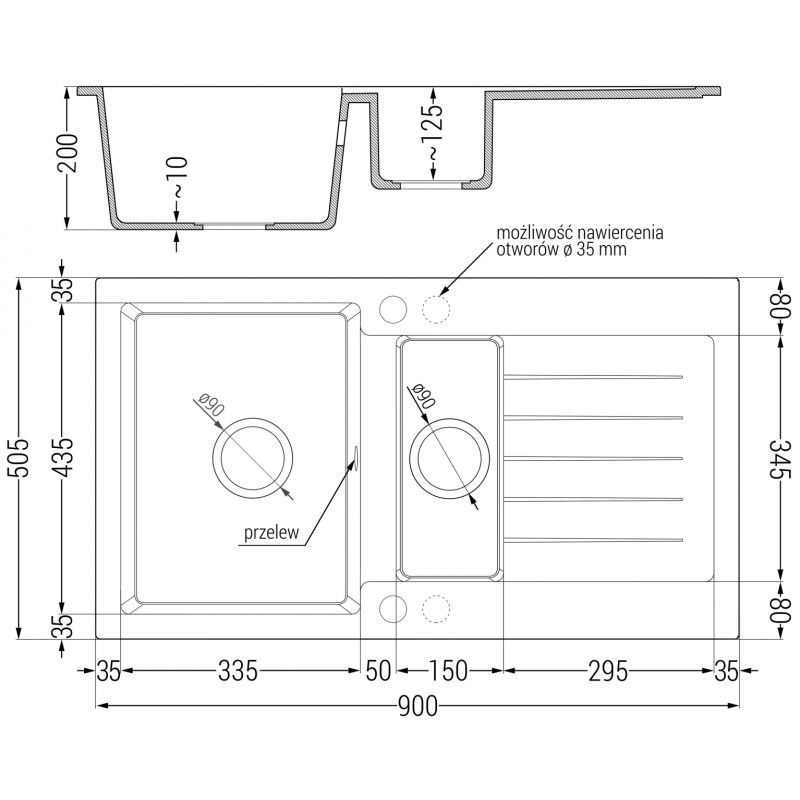Zlewozmywak wpuszczany Mexen Matias 1,5-komorowy czarny nakrapiany 900x505 mm  - 6502901505-76-G 1 szt.