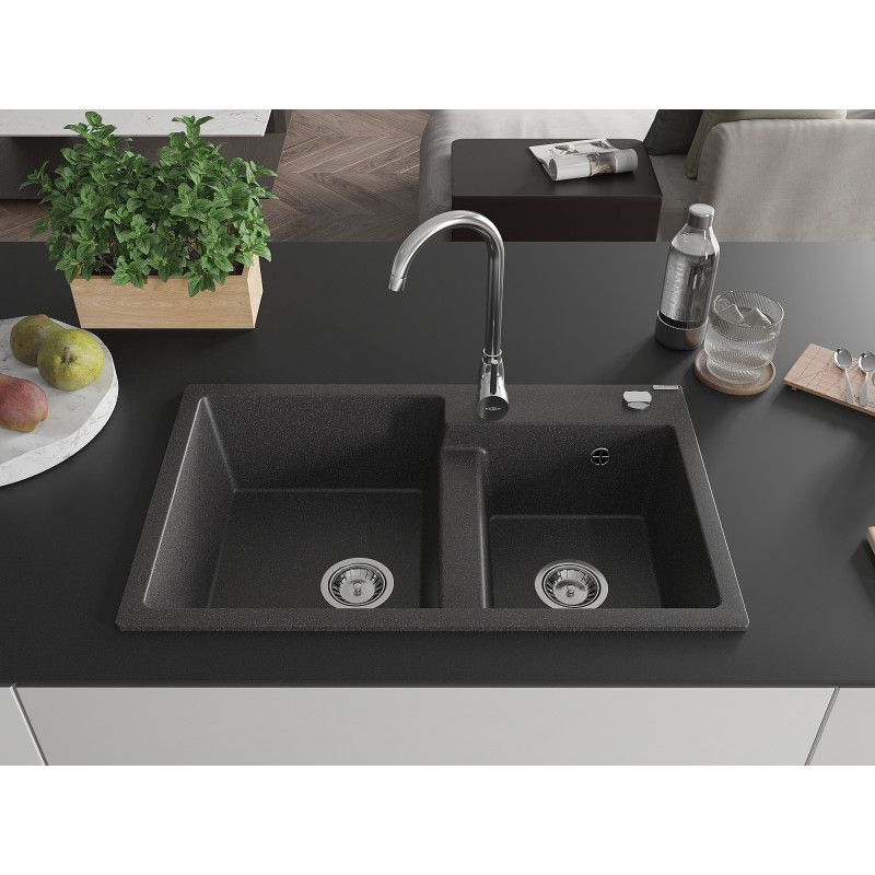 Zlewozmywak wpuszczany Mexen Tomas 2-komorowy czarny/srebrny metalik 800x500 mm  - 6516802000-73 1 szt.