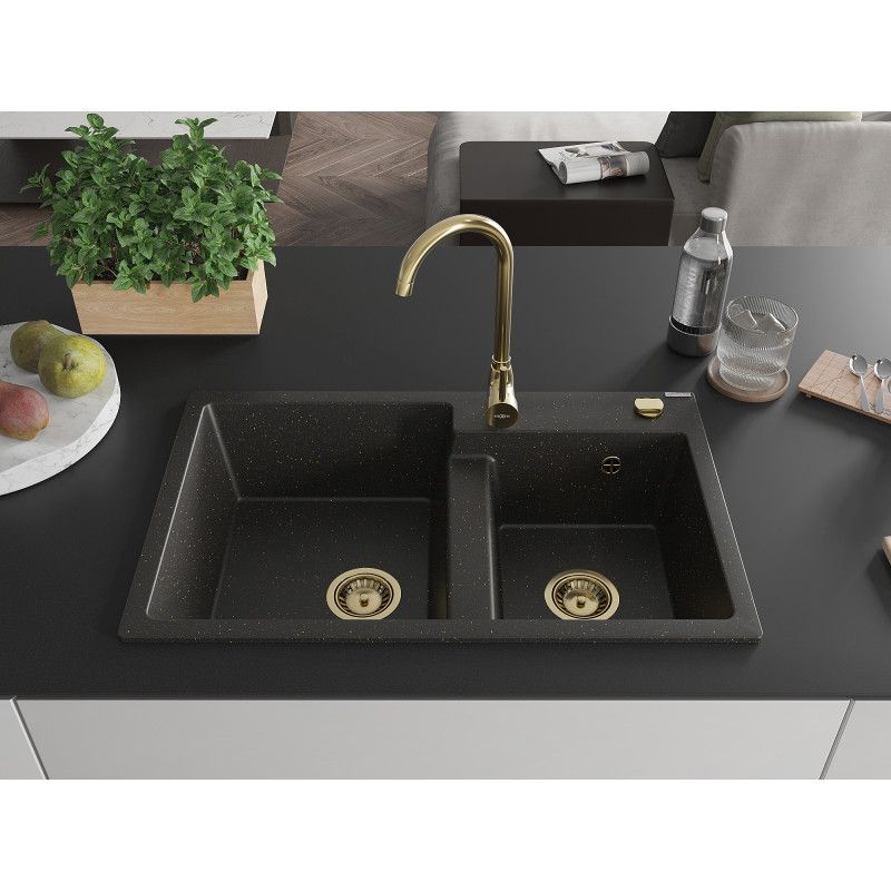 Zlewozmywak wpuszczany Mexen Tomas 2-komorowy czarny/złoty metalik 800x500 mm  - 6516802000-75 1 szt.